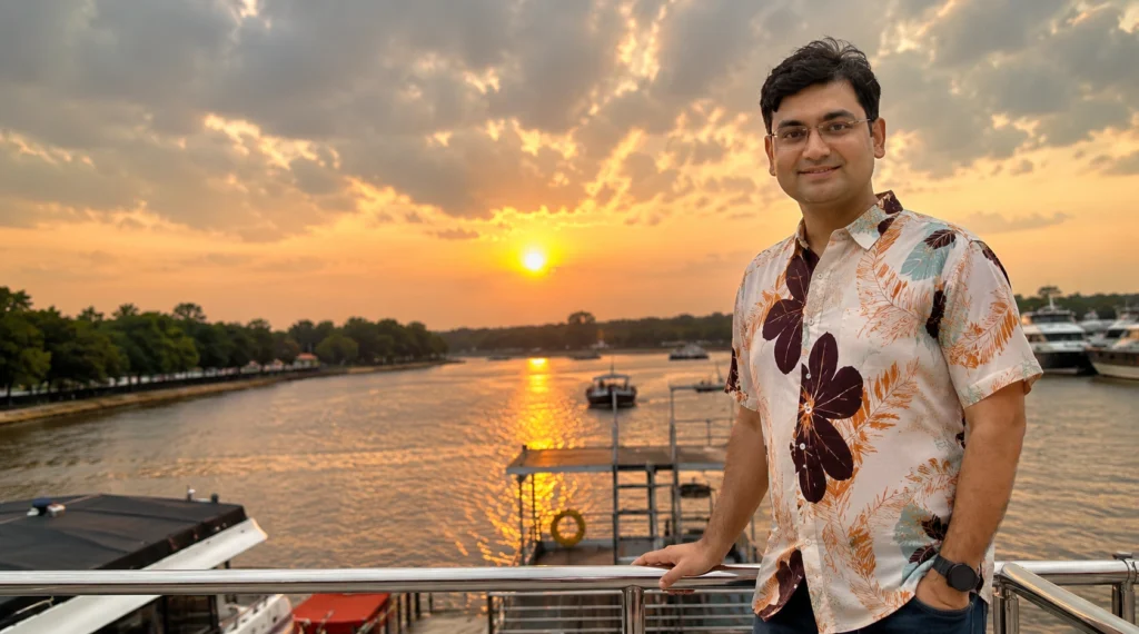 Dr Rishi Sethi standing beside a river during sunset