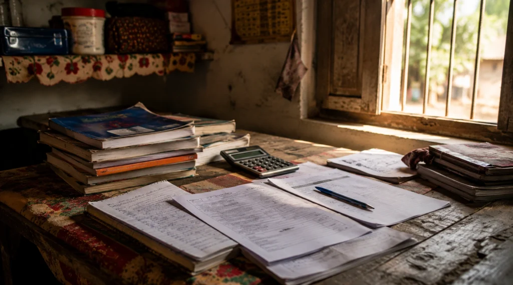 School books and scholarship papers on a modest study table representing educational aspirations