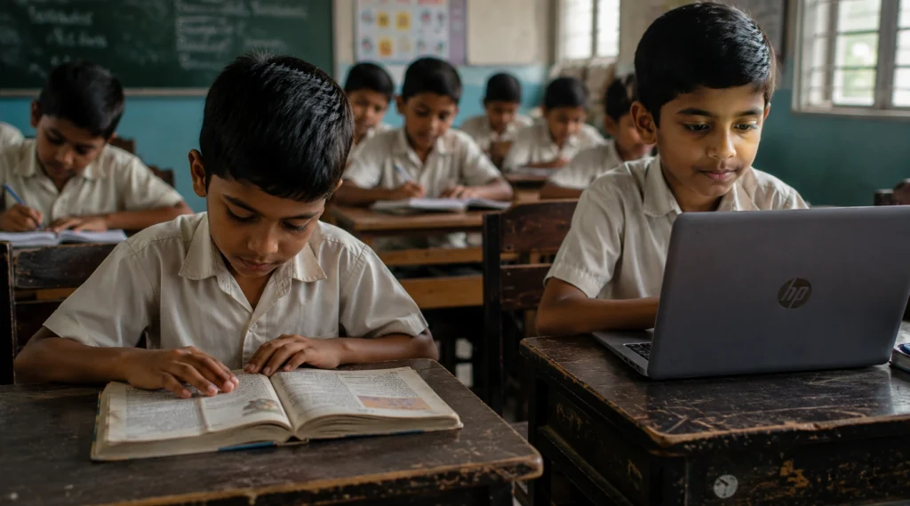 Students studying with different educational resources in an Indian classroom