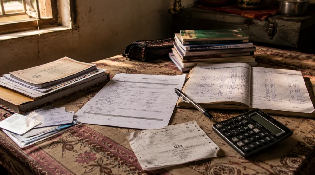 College admission documents beside household expense records showing difficult family decisions