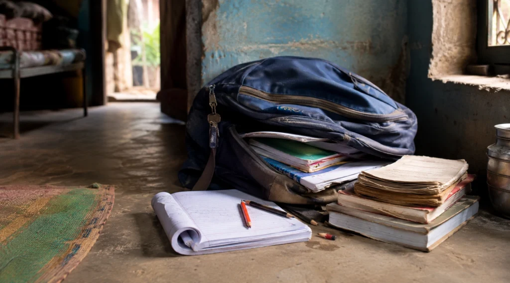 साधारण भारतीय घर में रखा स्कूल बैग और किताबें