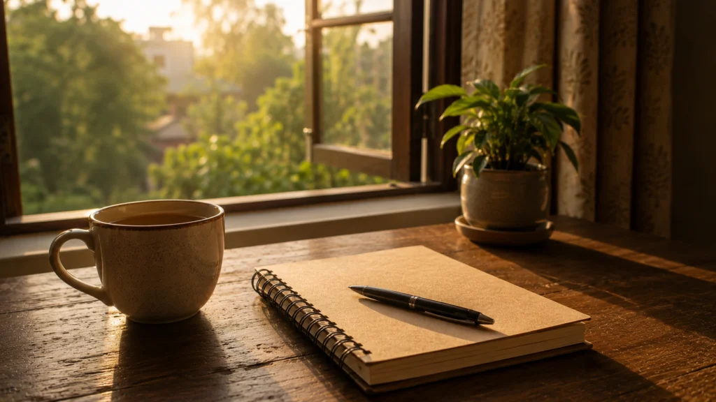 Morning tea and notebook symbolizing financial peace of mind