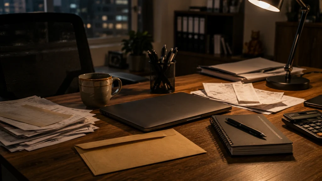 Office desk symbolizing income uncertainty and financial planning