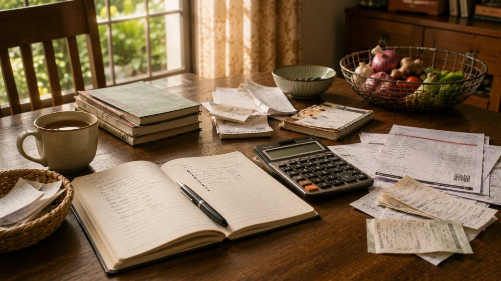 Monthly household budget planning with calculator and expense notebook