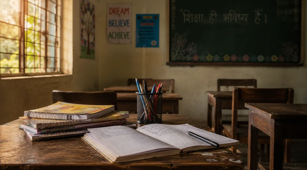 खाली कक्षा में रखी कॉपियां और किताबें