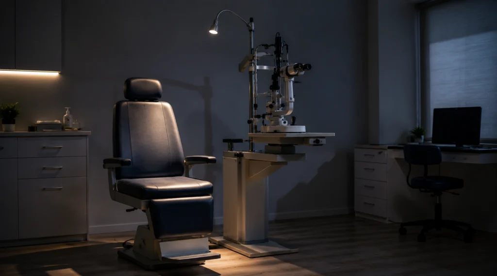 Empty eye examination chair inside modern eye clinic symbolizing preventive eye care