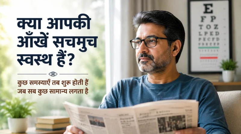 Man reading a newspaper while reflecting on eye health and vision care.
