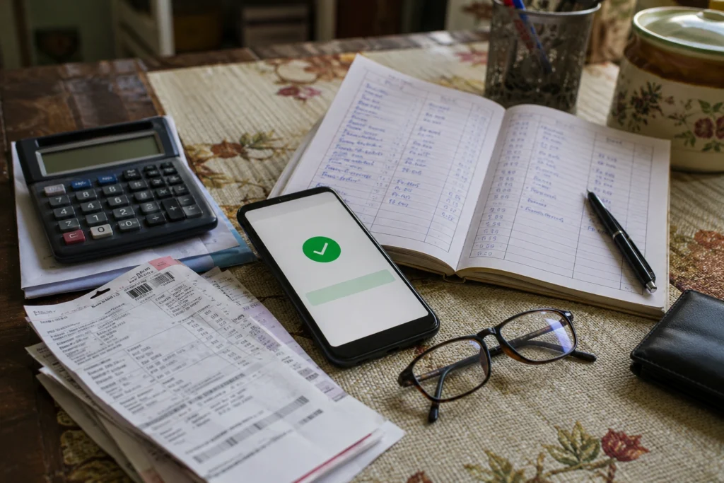 Smartphone, calculator, utility bills and household budget notebook on a dining table in an Indian home.