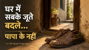 Old repaired brown shoes placed near the entrance of an Indian home symbolizing a father's quiet sacrifices.
