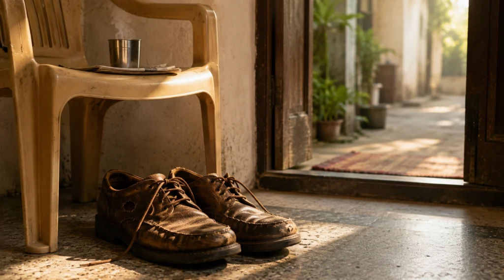 Old brown shoes beside a plastic chair near the entrance of an Indian home.