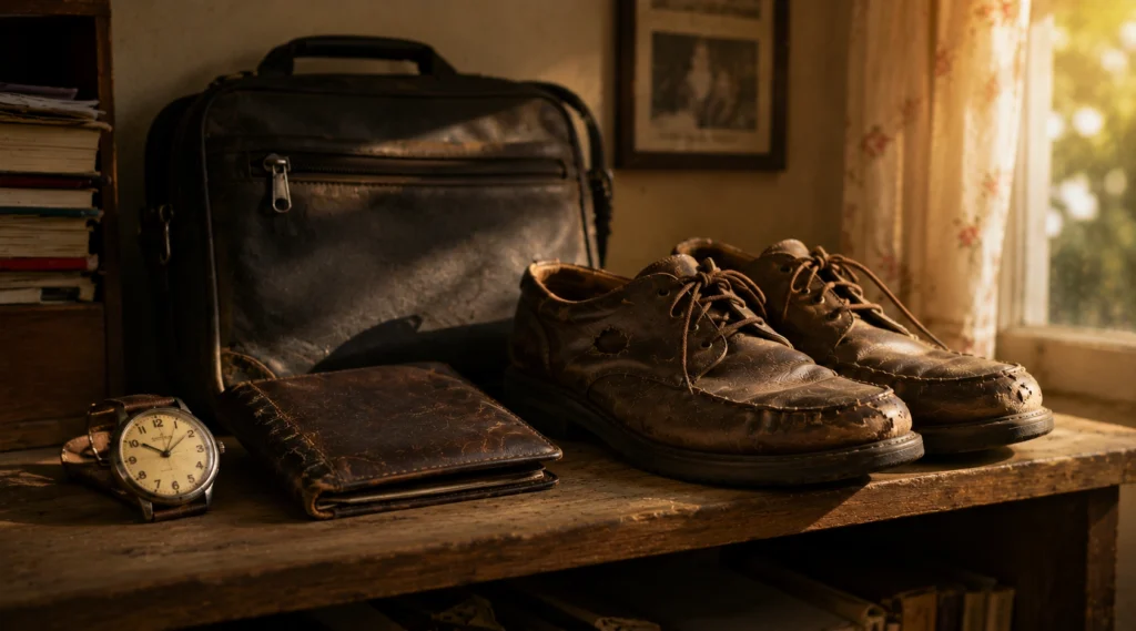 Old wallet, wristwatch, office bag and worn shoes on a shelf in an Indian home.