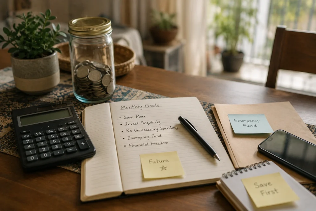 Calculator, savings jar, smartphone and monthly goals notebook on a middle-class household table.