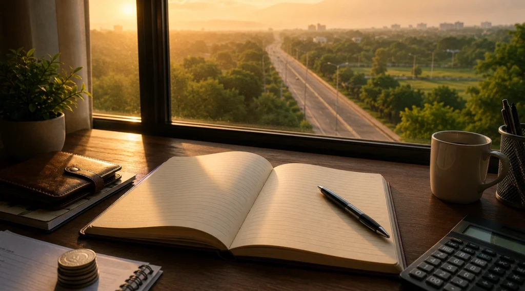 Financial planning और long-term stability का प्रतीक खुली notebook और दूर जाती सड़क का दृश्य