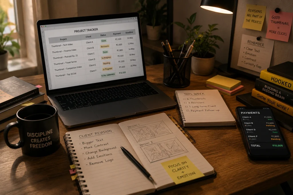 Freelance thumbnail designer managing client projects and payments