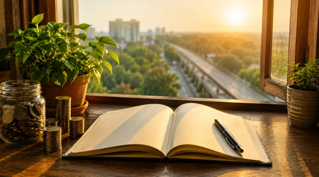 खुली notebook और भविष्य की योजना का आशावादी भारतीय प्रतीकात्मक दृश्य