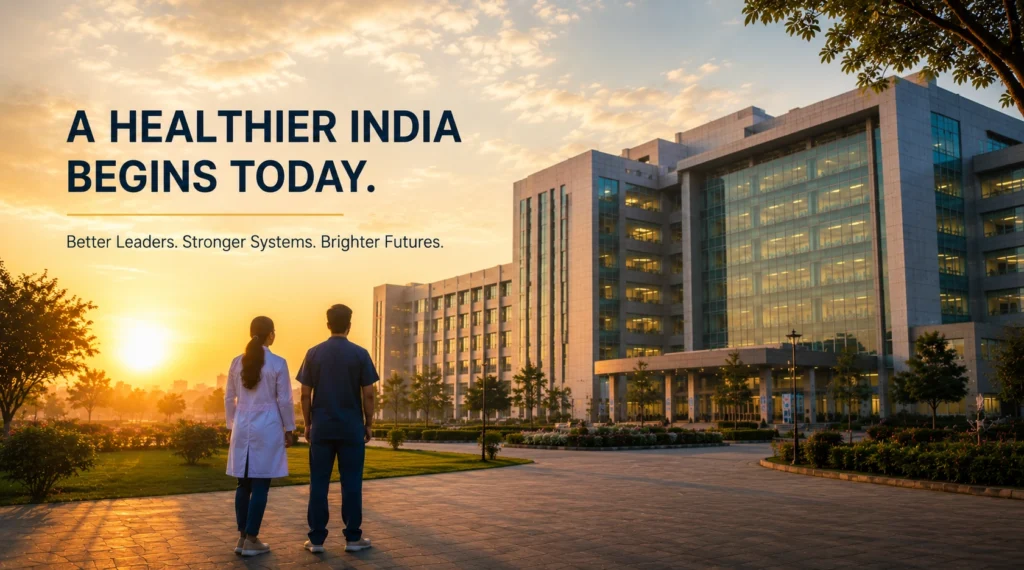 Doctors looking at a modern hospital campus representing the future of India's healthcare system.