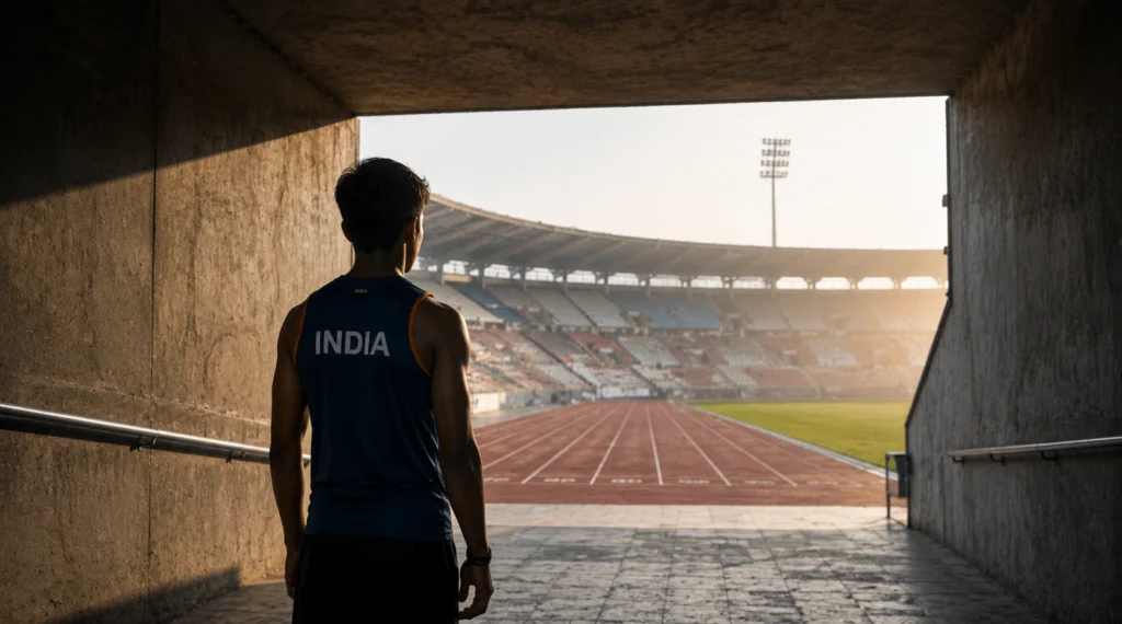 Young athlete standing at a stadium tunnel entrance looking toward a bright track ahead.