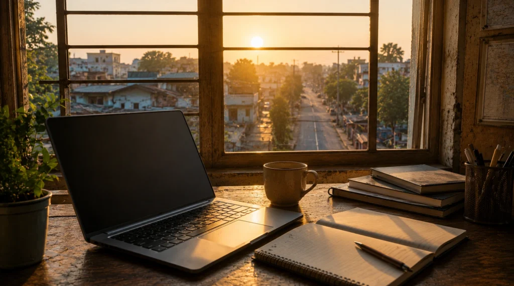 Laptop and notebook facing sunrise symbolizing India's changing future of work