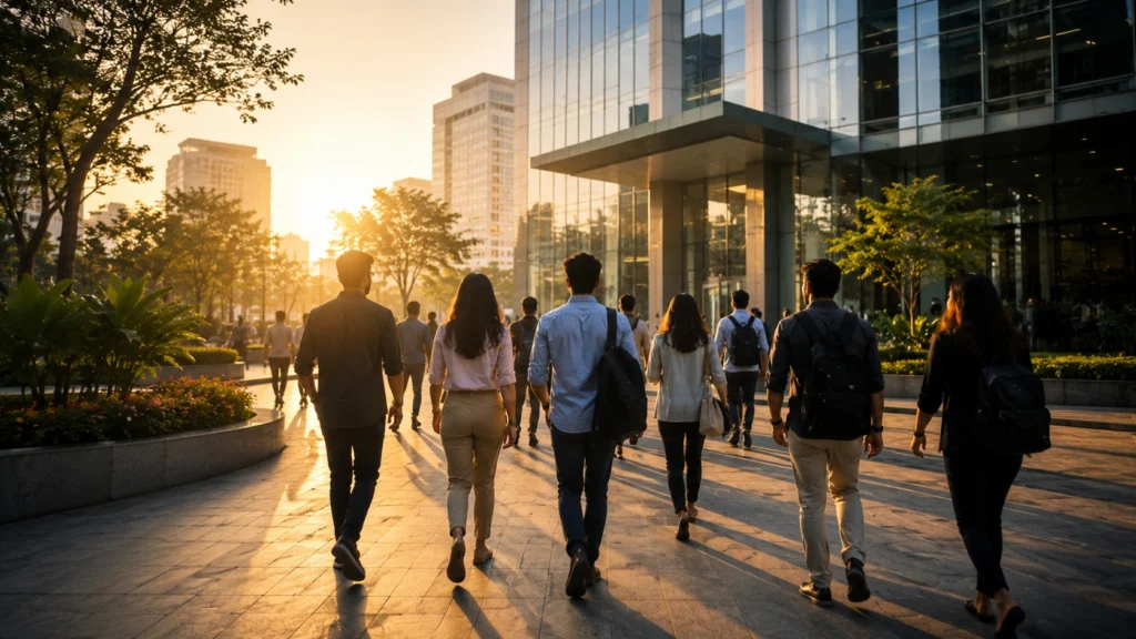 Young professionals walking toward a modern workplace at sunrise, representing the future of work.