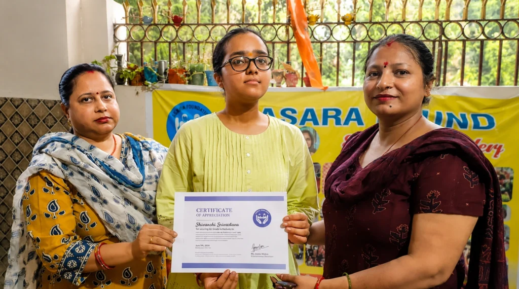 Geeta Mishra with a student displaying academic achievement