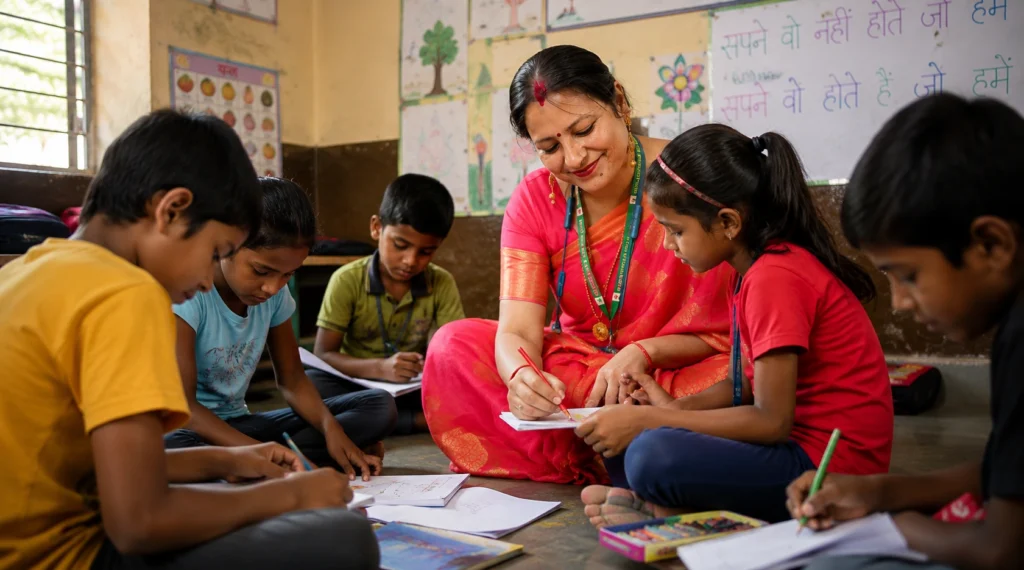 Geeta Mishra helping students with classroom activities