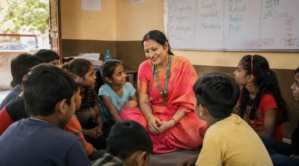 Geeta Mishra sitting with children in a discussion circle