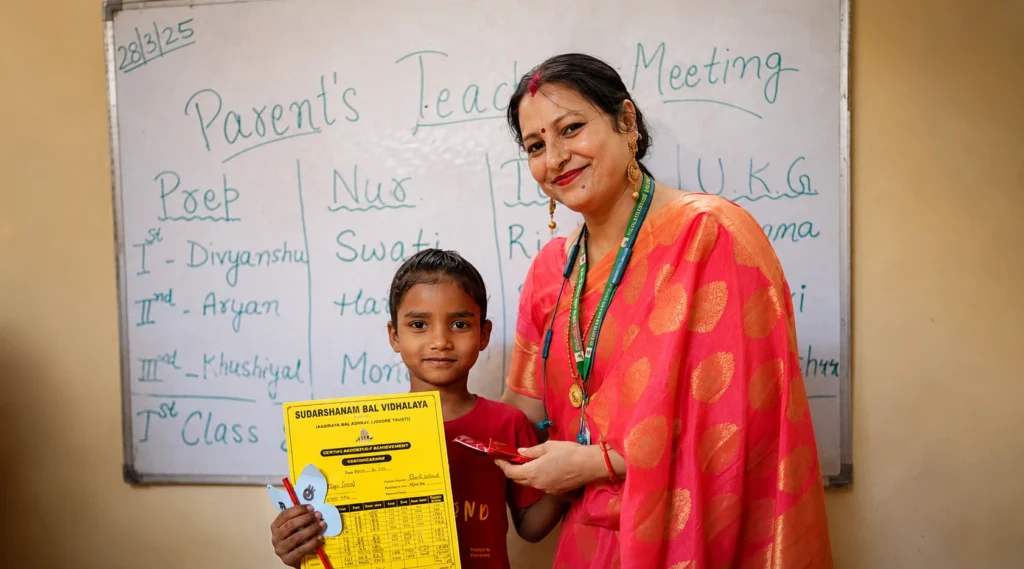 Geeta Mishra talking with students inside a classroom