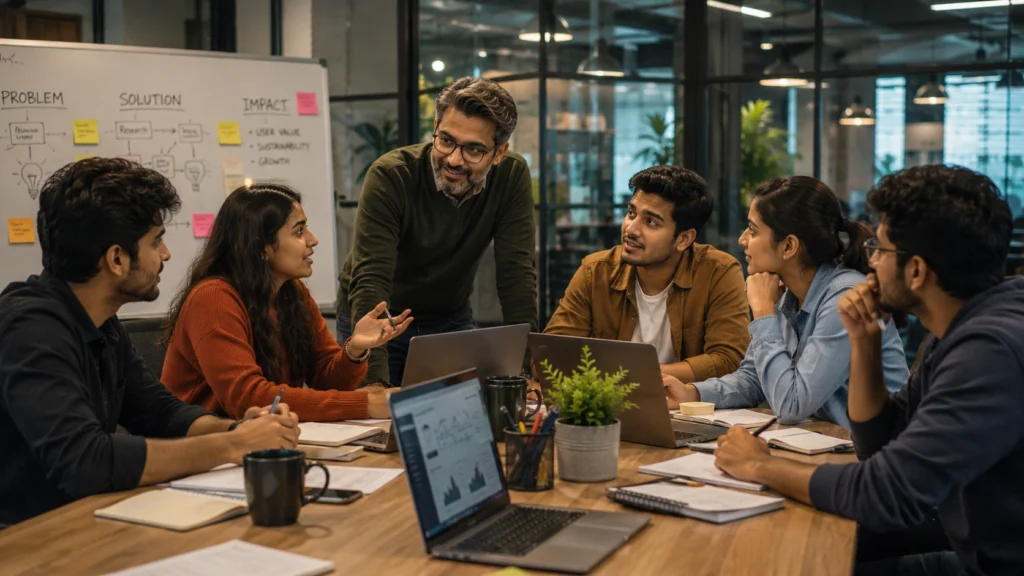 Young employees collaborating with leadership during a team discussion in a modern workplace.