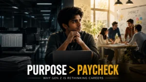 Young professional reflecting on the difference between meaningful work and routine corporate tasks.