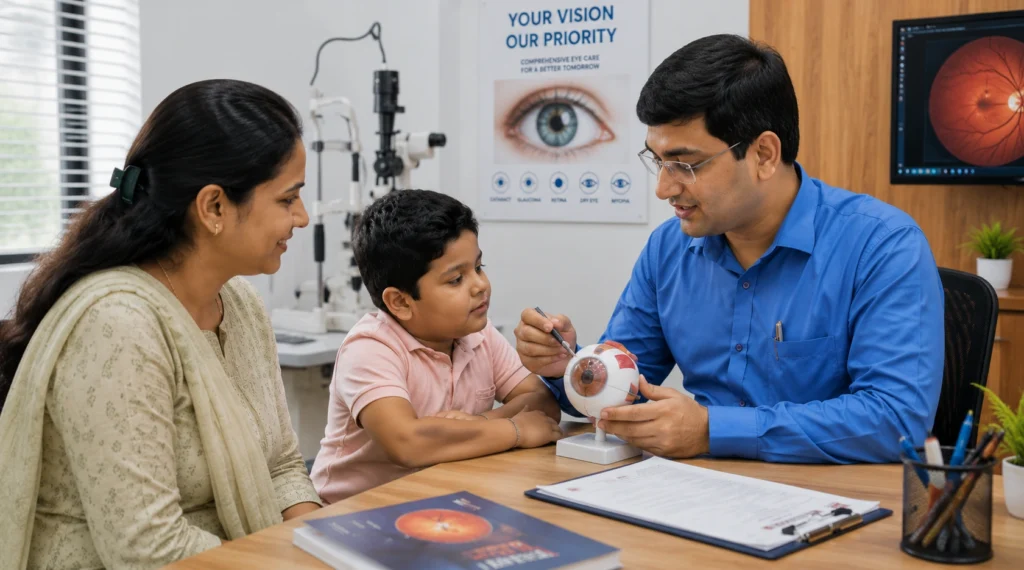 Dr Rishi Sethi explaining eye health and preventive care to a family during a consultation.