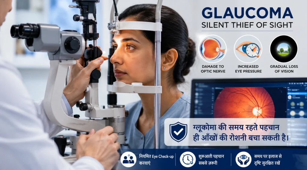 Eye examination and glaucoma awareness infographic highlighting optic nerve damage, eye pressure, and early detection
