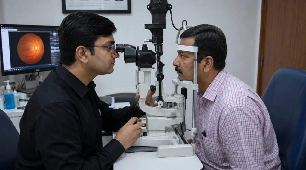 Ophthalmologist performing a slit-lamp eye examination on a patient during a routine glaucoma screening.