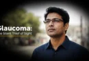 Glaucoma awareness illustration showing the disease as a silent cause of progressive vision loss and optic nerve damage