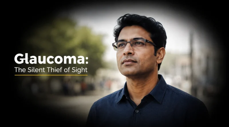 Glaucoma awareness illustration showing the disease as a silent cause of progressive vision loss and optic nerve damage