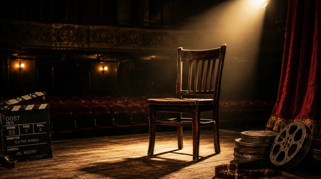 Spotlight on an empty chair symbolizing an unforgettable supporting character from classic Hindi cinema
