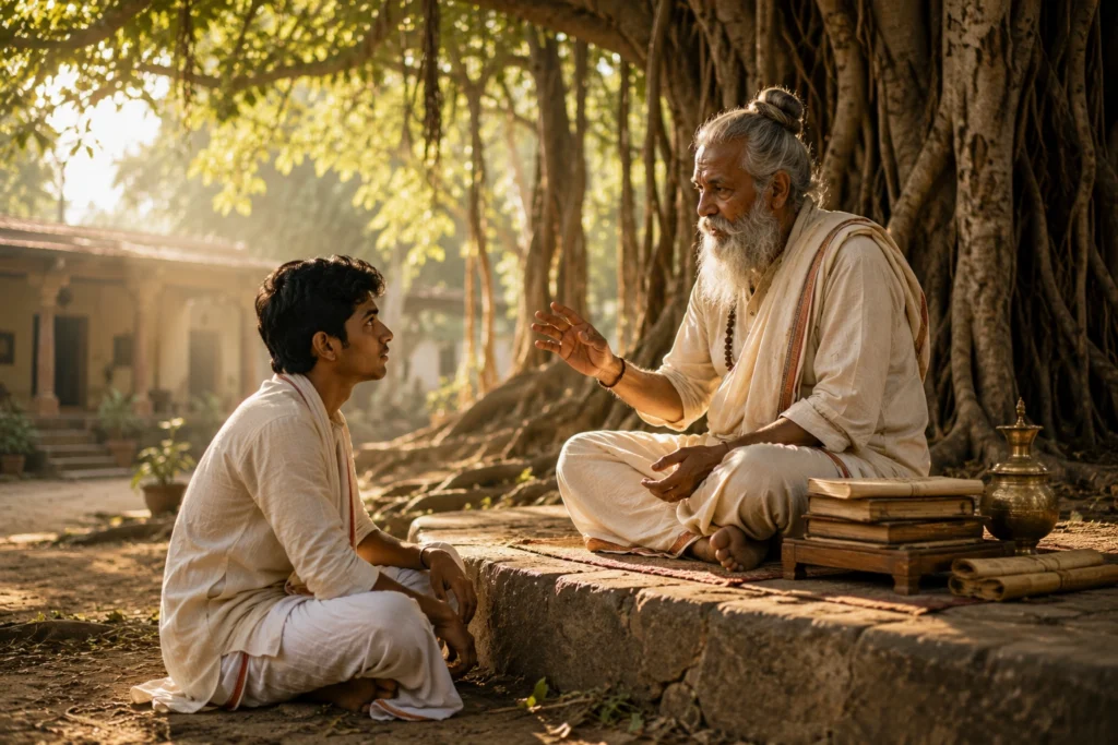 Ancient Indian guru teaching a student under a banyan tree