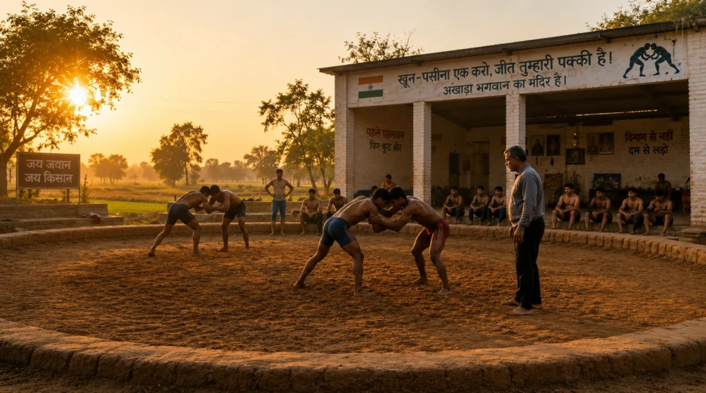 Young wrestlers training in a traditional rural akhara in Haryana at sunrise.