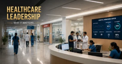 Healthcare leadership team managing hospital operations and patient care systems in a modern Indian hospital.