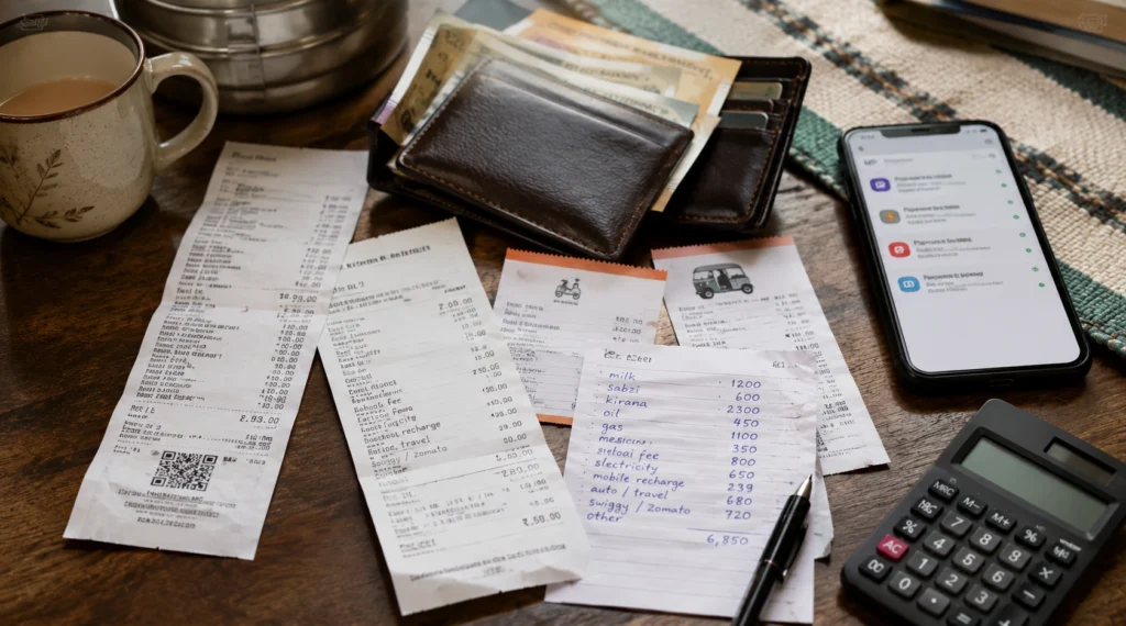 Receipts, wallet, calculator and everyday expenses representing hidden spending leaks in a monthly budget.