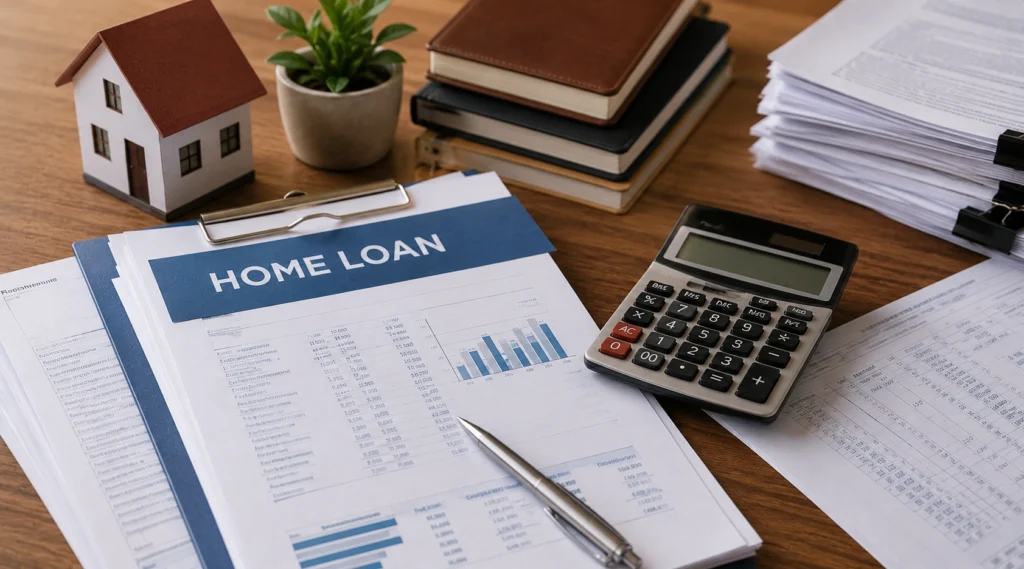 Home Loan documents और Credit Score evaluation से जुड़ा वित्तीय निर्णय लेने का दृश्य