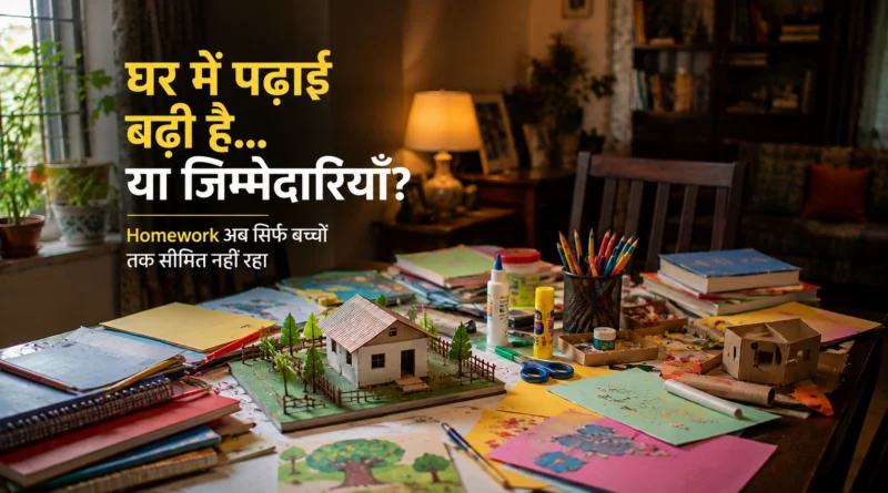 Homework project materials covering a family dining table as home space gradually turns into a classroom