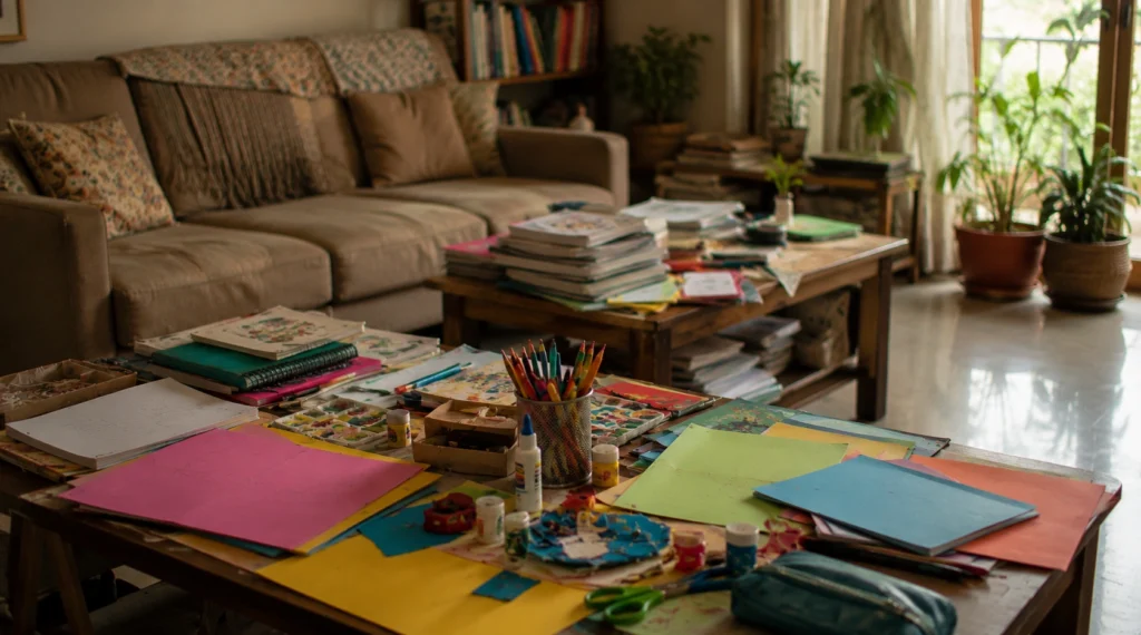 School project materials spread across a family living room in an Indian home