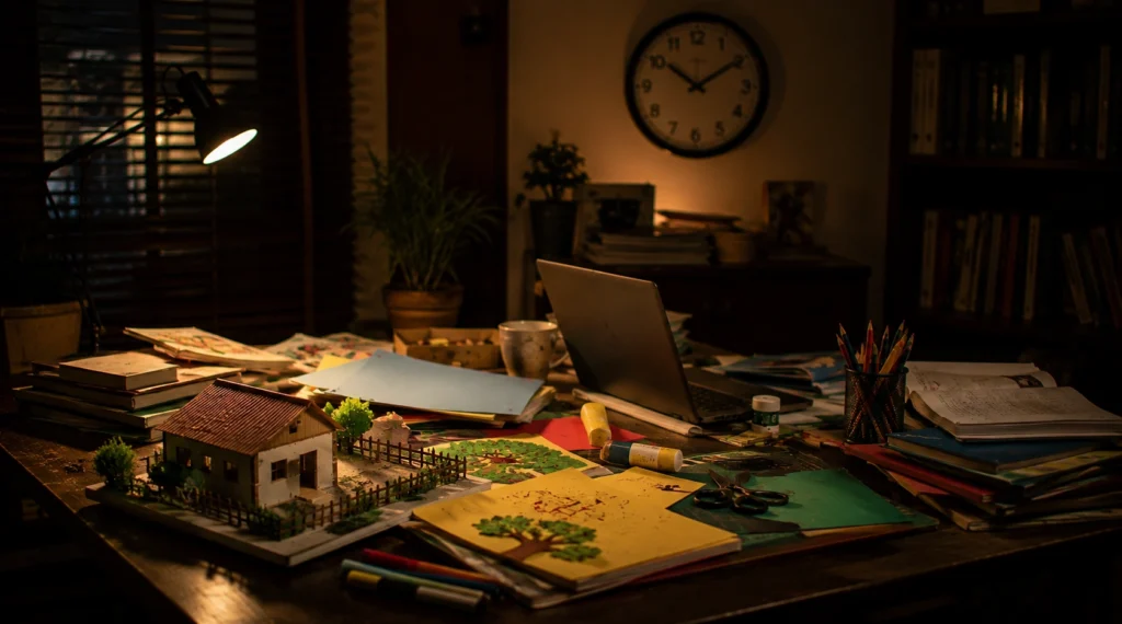 Late-night table filled with unfinished school project work, laptop and stationery items