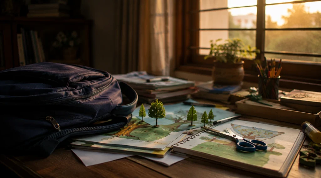 Closed school bag beside unfinished project sheets near a window at sunset