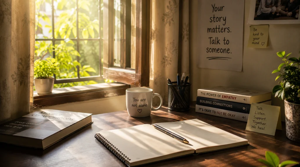 Morning sunlight through open window symbolizing hope support and mental health conversations