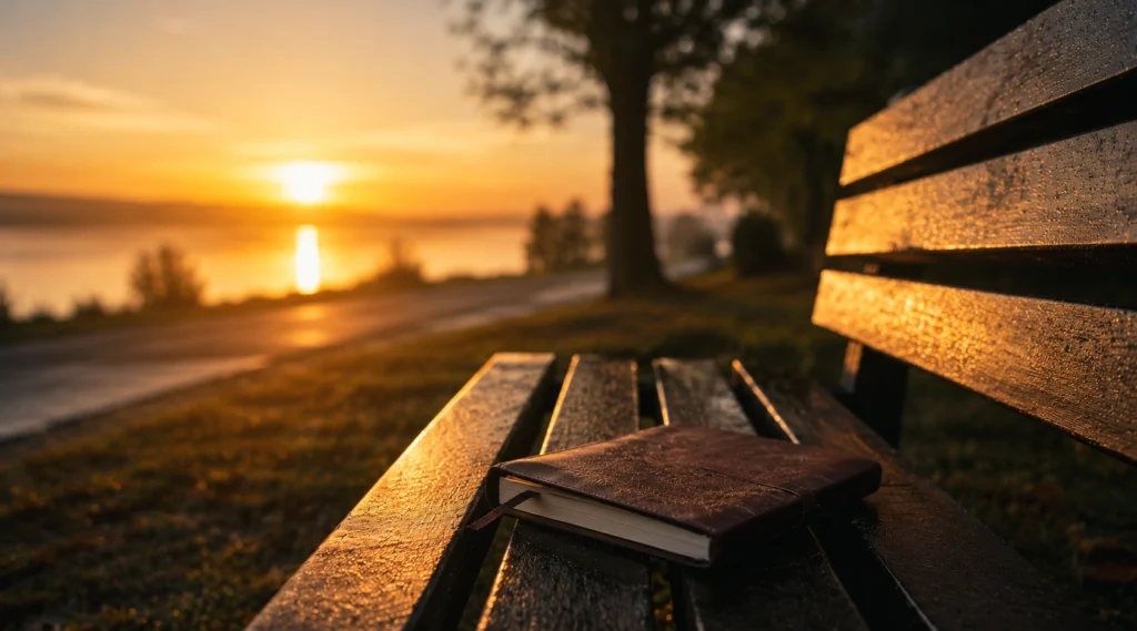 सूर्योदय के समय बेंच पर रखी notebook, healing, hope और self-reflection का प्रतीक