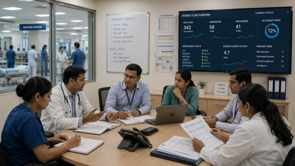 Hospital leadership team reviewing patient flow and operational decisions.