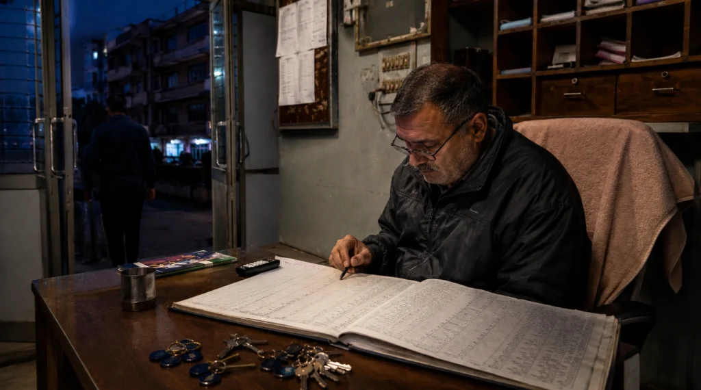 Hostel warden managing student accommodation before sunrise