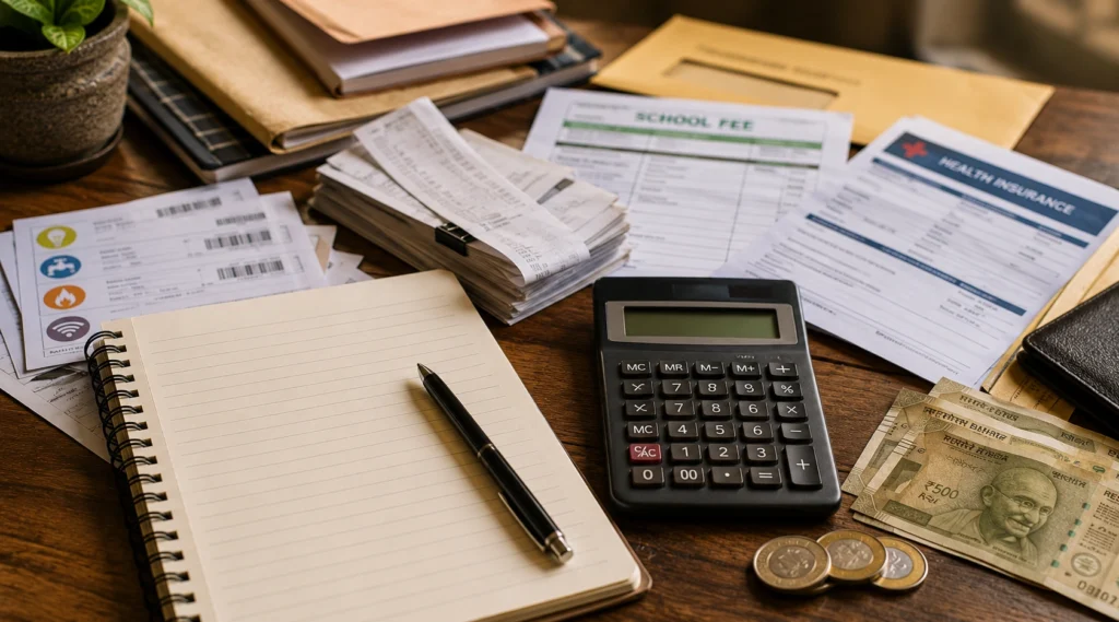 Calculator, budget notebook और household expenses planning का भारतीय संदर्भ वाला दृश्य