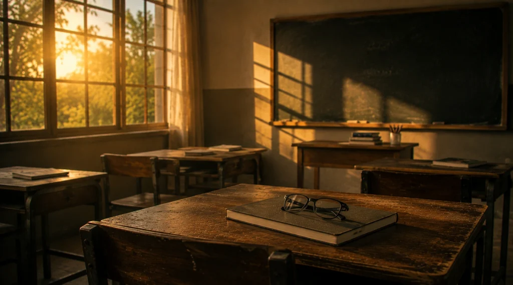 Empty Indian classroom at sunset with a notebook resting on a wooden desk